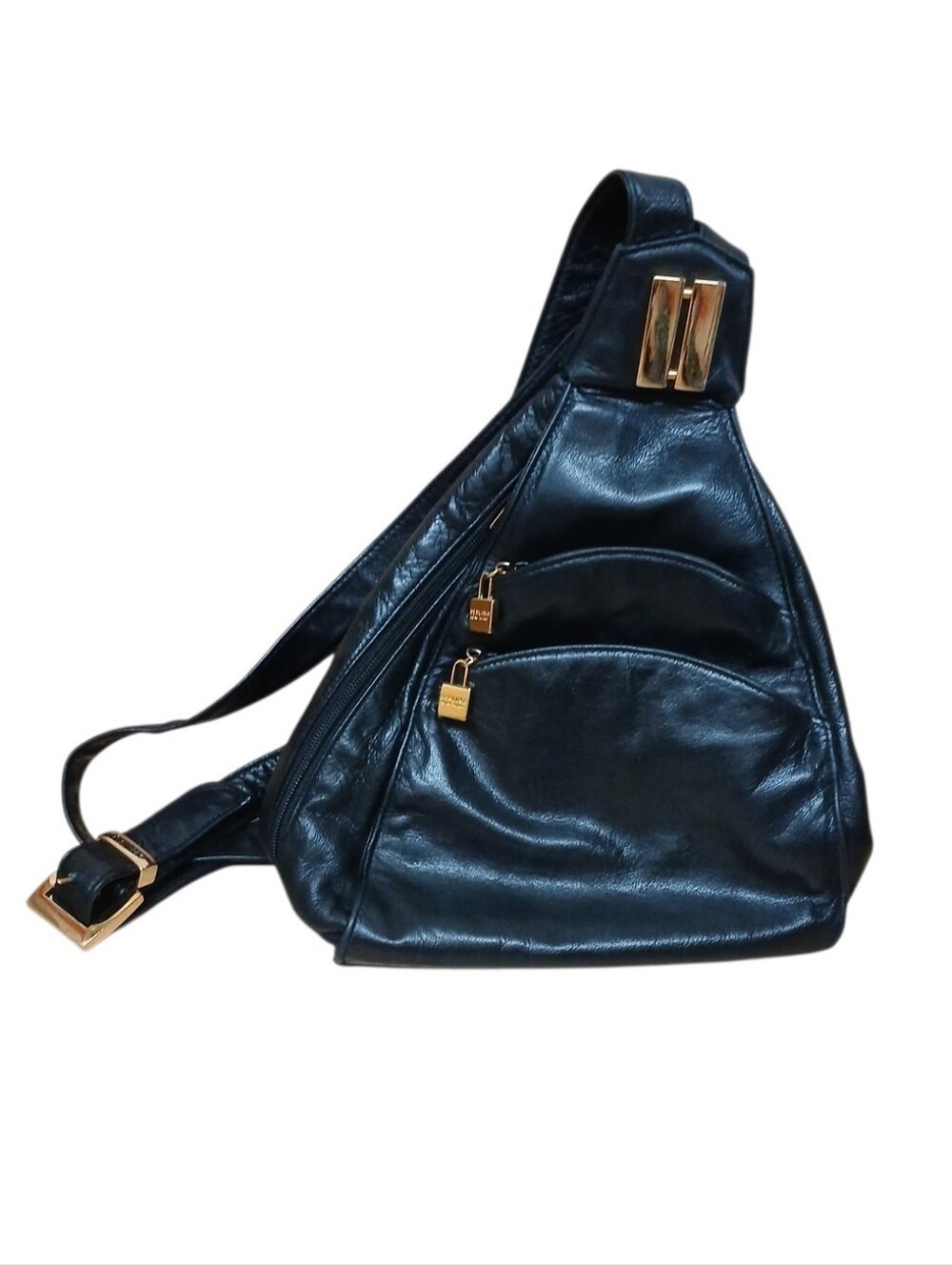 Perlina Black Mini Leather Backpack Sling with Gold Accents